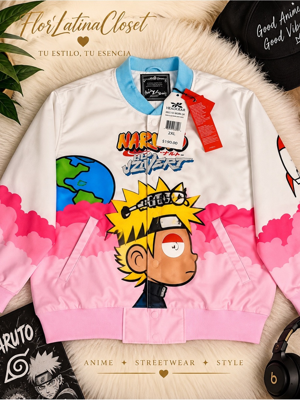 Naruto Graphic Jean-Style Jacket - White & Pink
